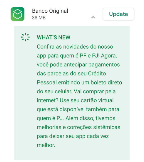 Novidades do APP do Banco Original