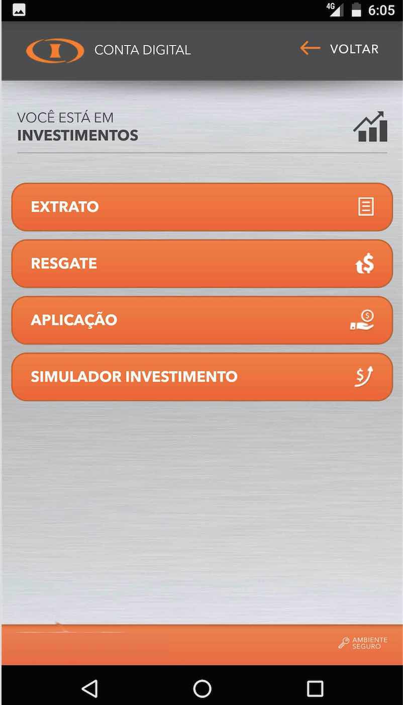 No app da Conta Digital Intermedium selecione o menu Investimentos, depois SIMULADOR DE INVESTIMENTOS