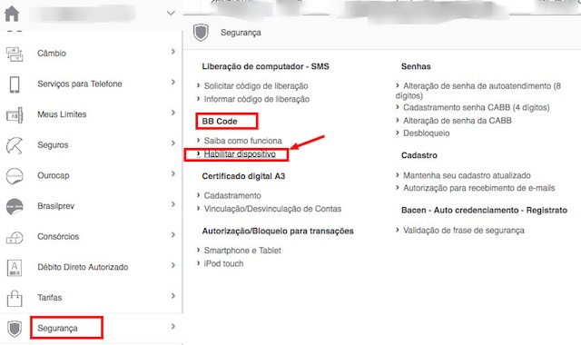 Ativação do BB Code deve ser feita pelo Internet Banking (site BB) e finalizada em um caixa eletrônico do Banco do Brasil.