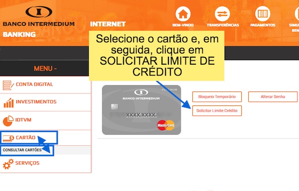 Após acessar a conta pelo site da instituição selecione CARTÃO > CONSULTAR CARTÕES para ter acesso a tela de solicitação de limite.