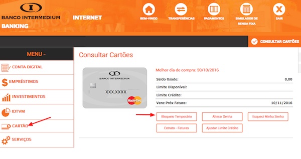 Na opção cartões do Internet Banking dá para fazer o bloqueio temporário do cartão de crédito e/ou débito da MasterCard (reprodução)