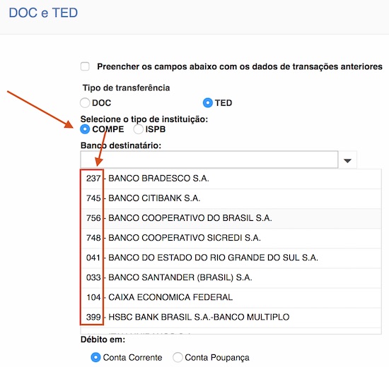 santander ted codigo