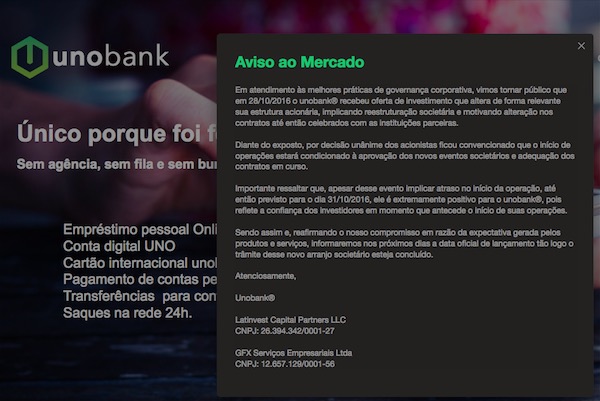 Site oficial do Unobank (www.unobank.com.br) divulga nota confirmando o adiamento do lançamento (reprodução)