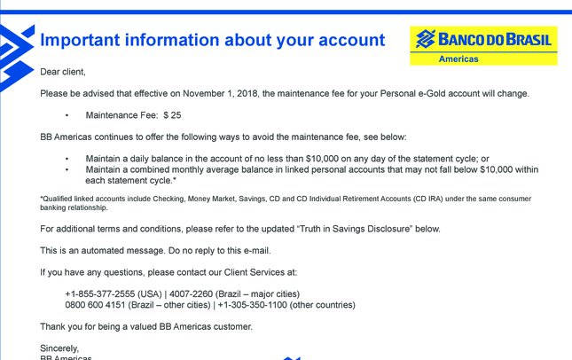 e-mail BB Americas reajuste de taxas