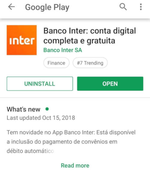 Atualização do aplicativo do Banco Inter disponibiliza débito automático.