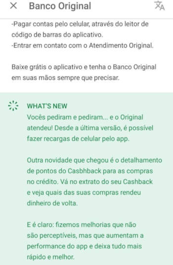 Atualização do aplicativo do Banco Original