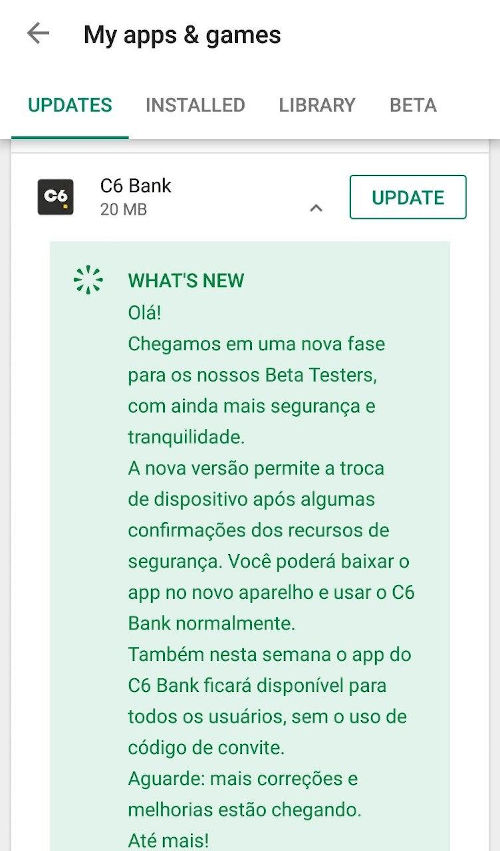 C6 Bank changelog do aplicativo Android