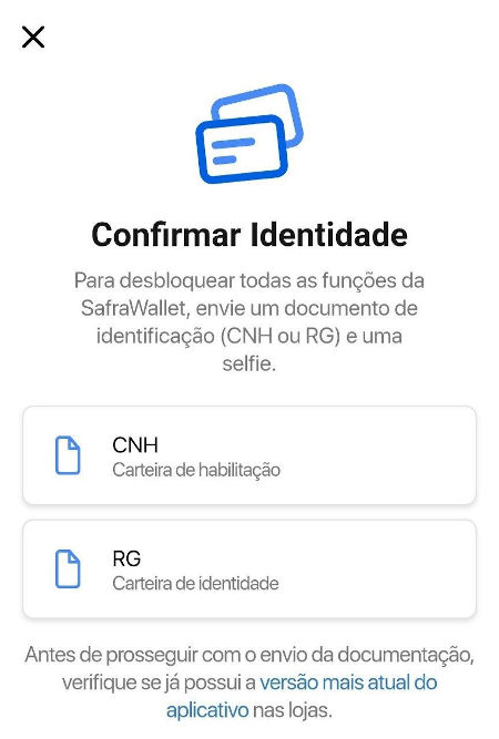 SafraWallet aplicativo exige selfie e foto de documento