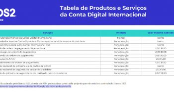 Tabela de tarifas da conta internacional BS2