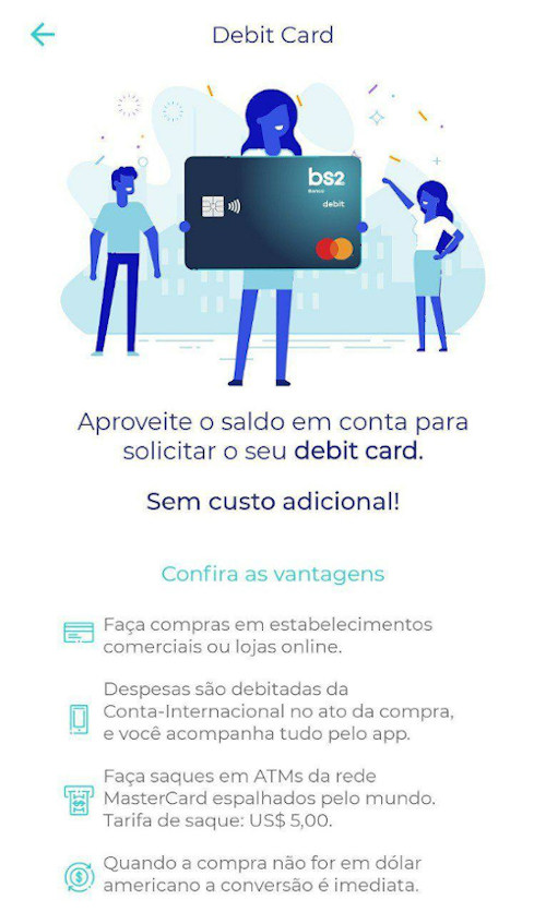 Banco BS2 cartão de débito da conta internacional