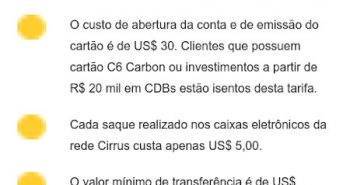 C6 Global, quadro de tarifas