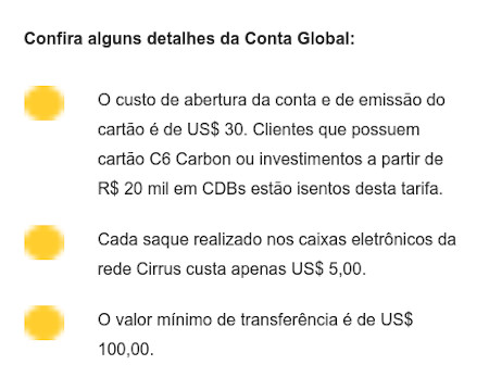 C6 Global, quadro de tarifas