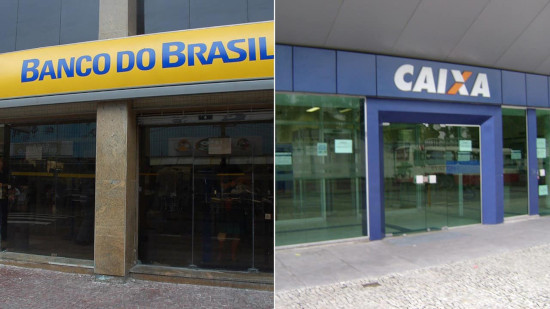 Agências do Banco do Brasil e Caixa Econômica Federal lado a lado.