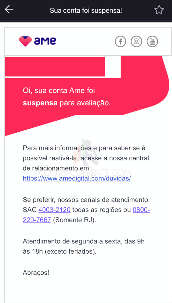 Ame Digital envia aviso suspendendo contas inativas há mais de seis meses