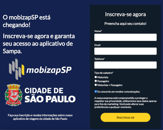 Tela do pré-cadastro do app mobizapSP da prefeitura de São Paulo