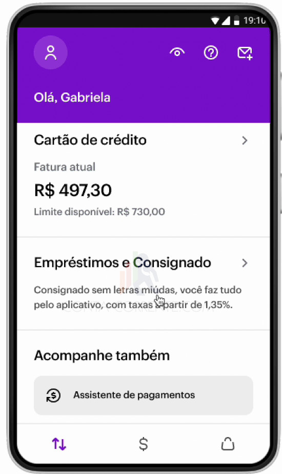 Para alguns clientes, tela inicial do aplicativo do Nubank já mostra a opção crédito consignado.