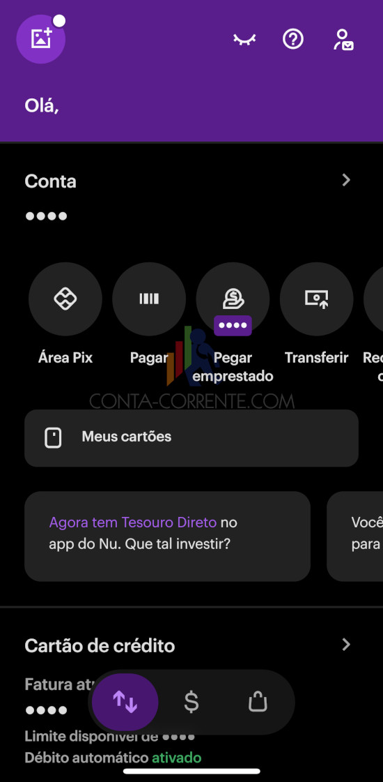 Tela do aplicativo do Nubank com Modo Escuro.